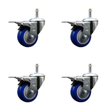 Service Caster 3'' Blue Polyurethane Swivel 7/16'' Stem Caster Set with Total Lock Brake, 4PK SCC-GRTTL20S314-PPUB-BLUE-716138-4